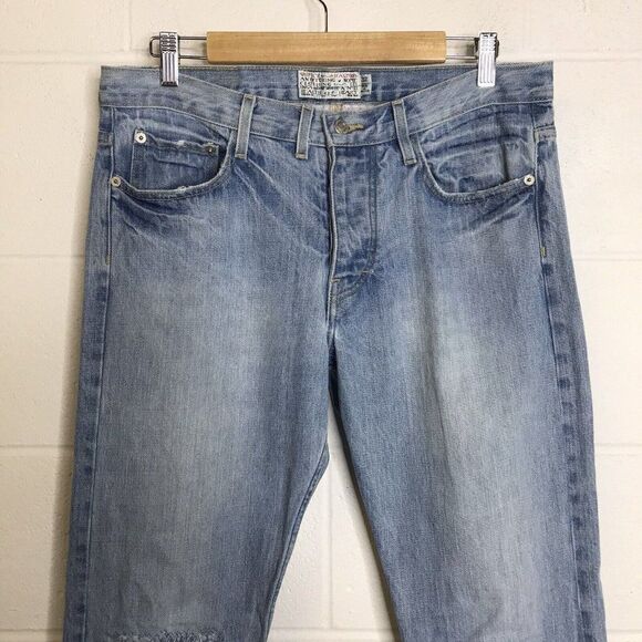 SHIPLEY & HALMOS Mens Jean Hopper Button Fly Denim Distressed Knees Sz 34x33.5 - Picture 2 of 12